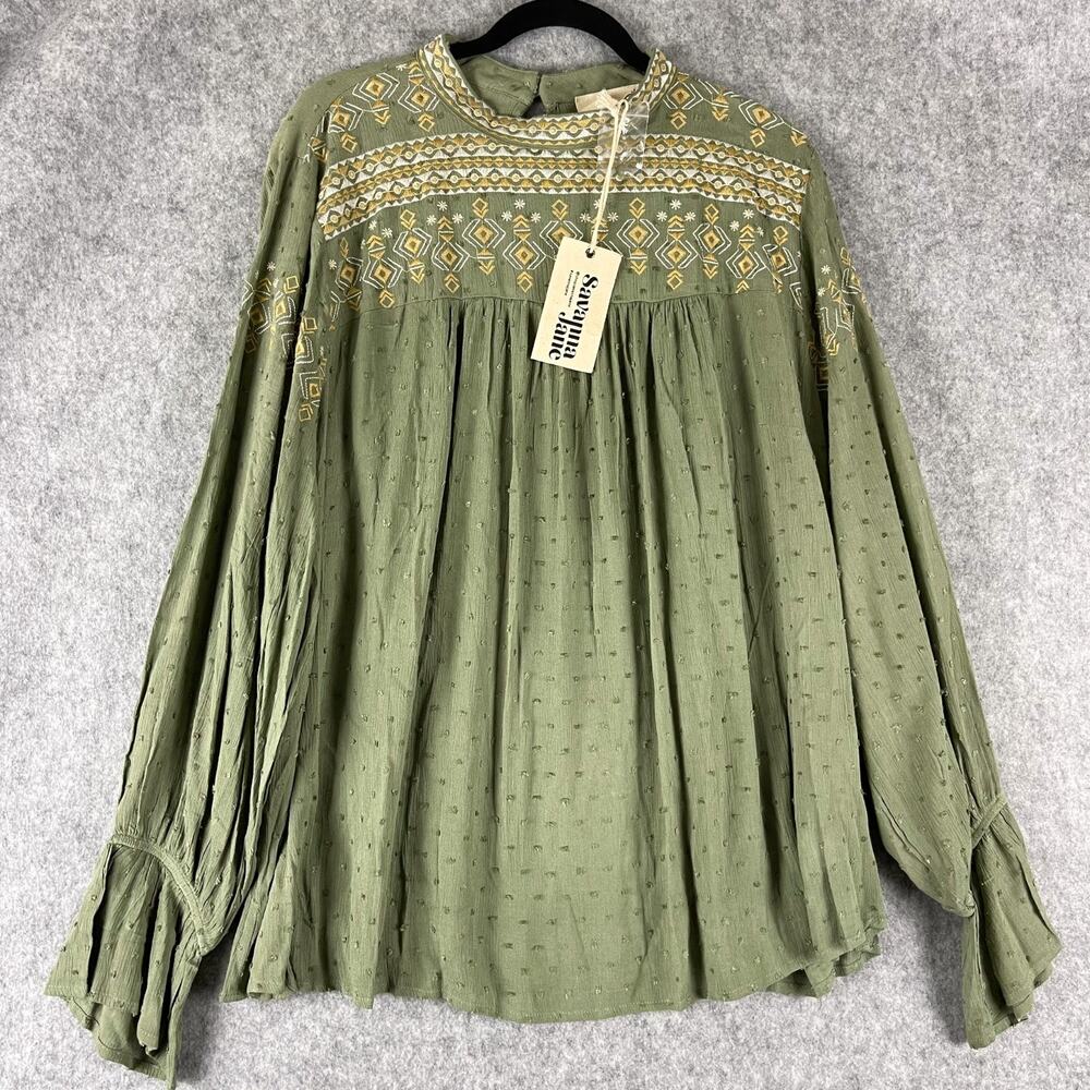 Savanna Jane Top Womens 3X Green Embroidered Peasant Boho Aztec Tribal NEW